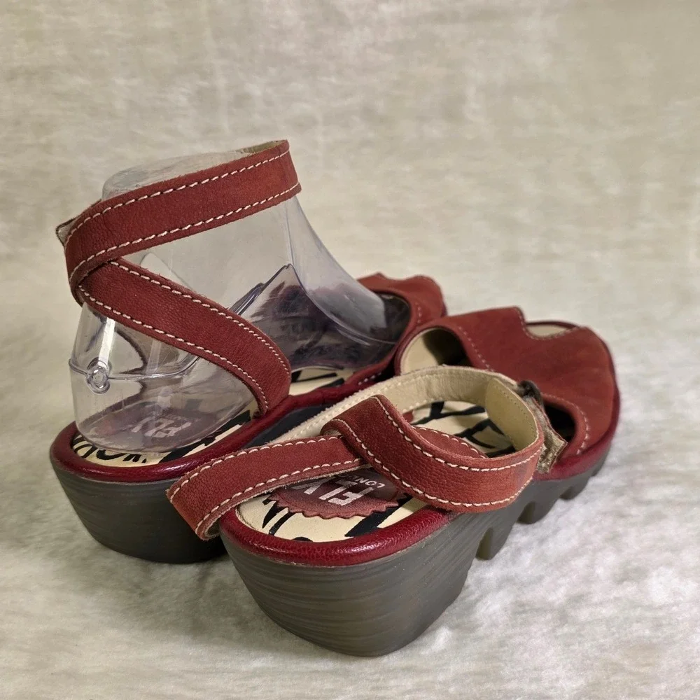 Fly London Yala Wedge Sandals Red Leather Peep Toe Ankle Strap Womens 37 6 6.5